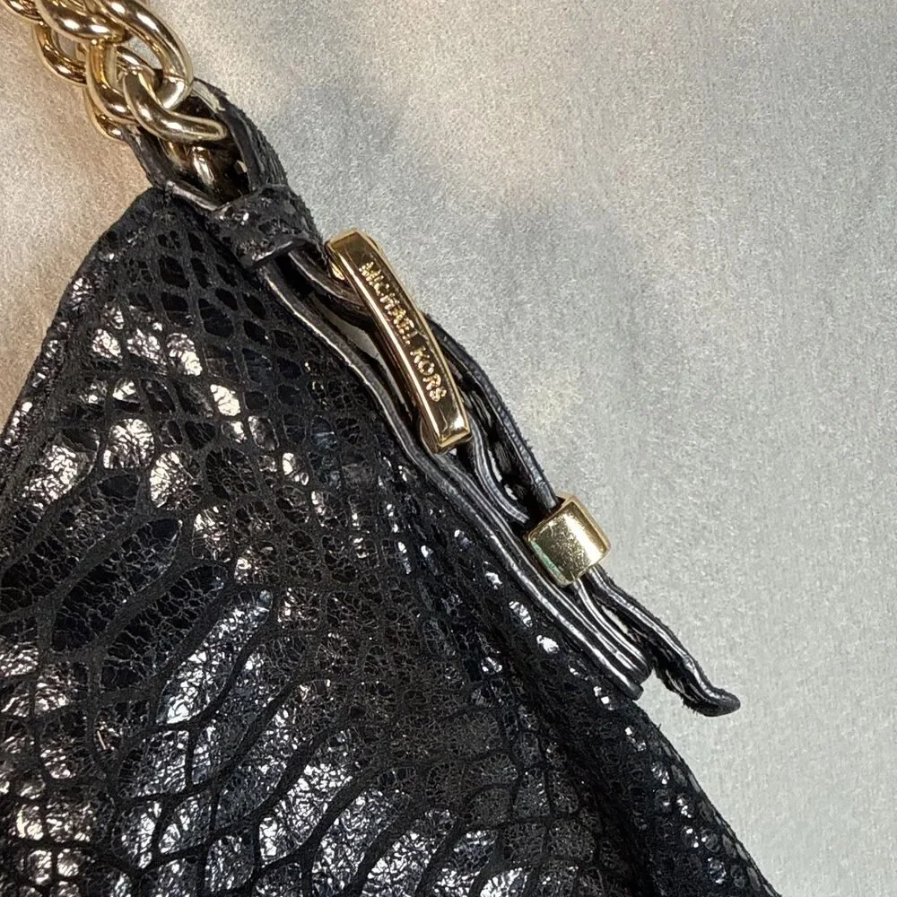 Michael Kors Black Snakeskin Python Chain Tote Shoulder Bag Boho gold accents